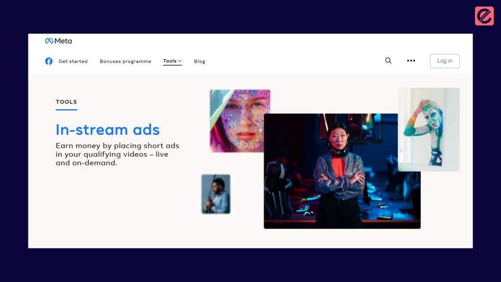 Meta website showcasing in-stream ads tool for monetizing videos with short ad breaks, featuring images of various creators.