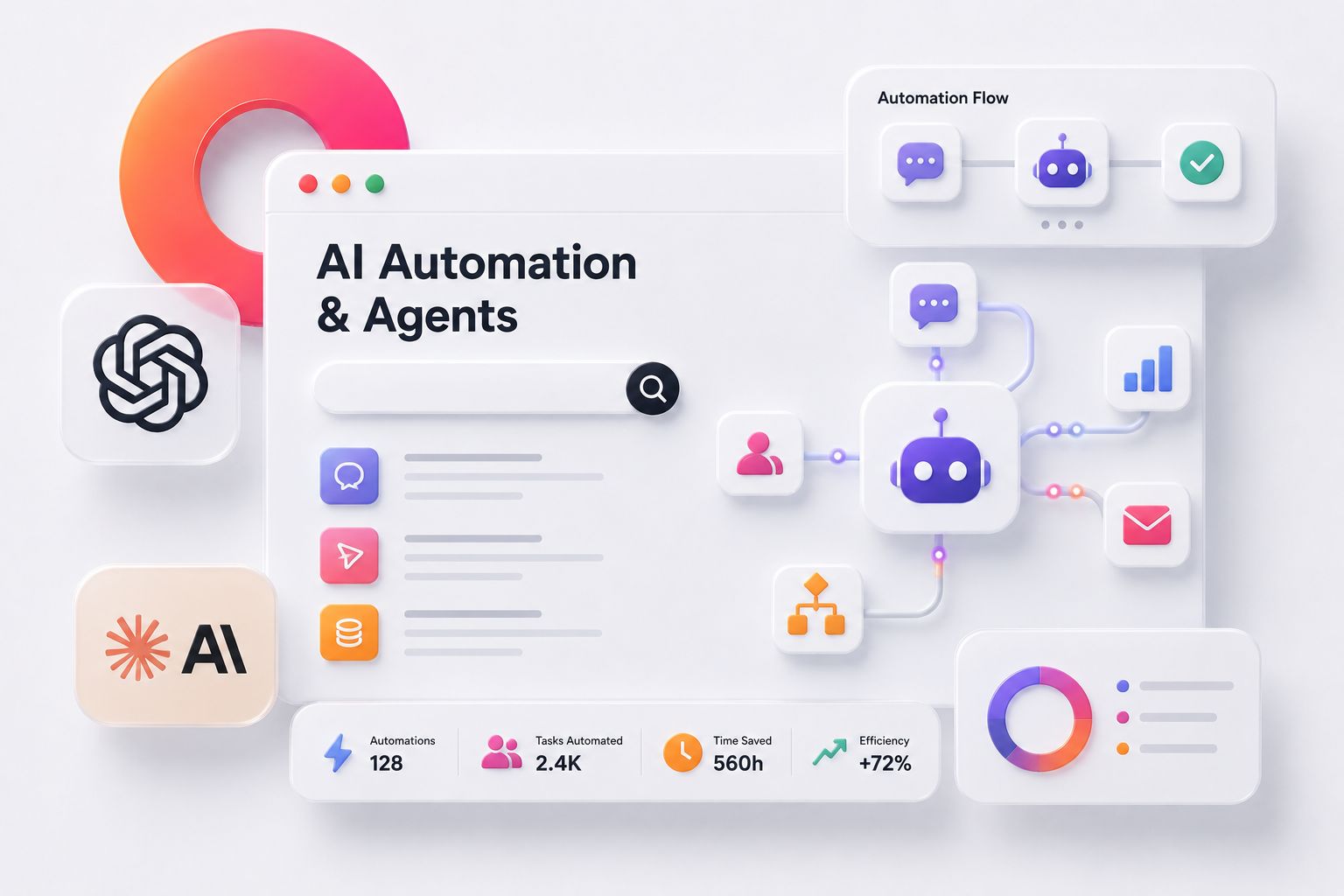Elatre AI automation and AI agents dashboard with a connected workflow and an AI assistant