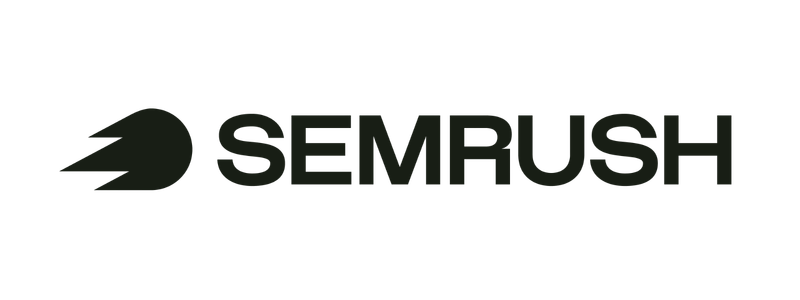 SEMRUSH logo with a dark green wordmark and a stylized leaf-like icon on the left against a black background