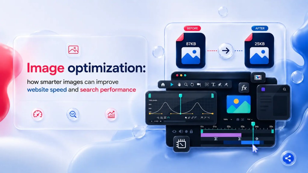 Illustration about image optimization showing before/after icons and analytics dashboards, with the title 'Image optimization' and subtitle about site speed and search performance.