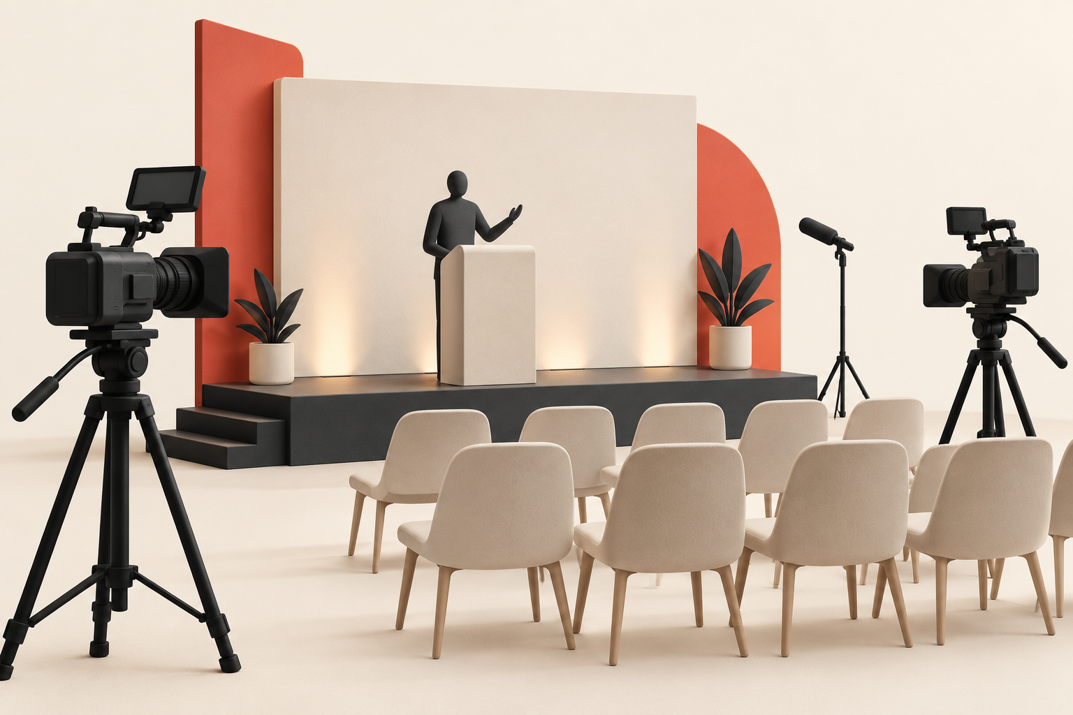 Two video cameras covering a conference stage beside a speaker interview setup