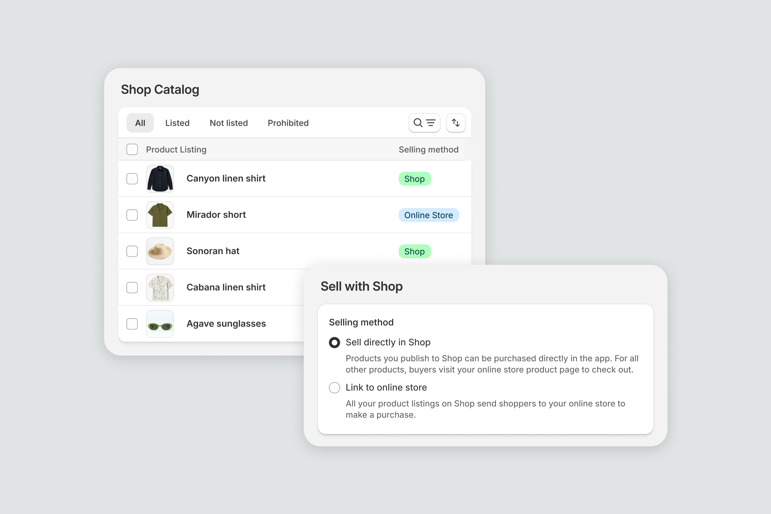 Shopify’s official Shop catalog screenshot illustrating product selling controls.